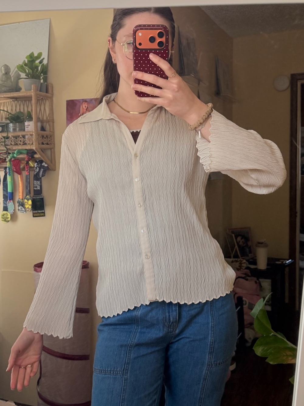 NICOLA Cream Textured Button-Up Blouse